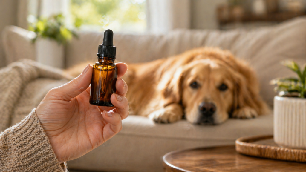 A dog owner's hand holding a small amber CBD oil dropper bottle