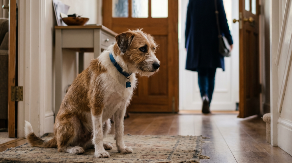 dog sitting alone by front door with separation anxiety