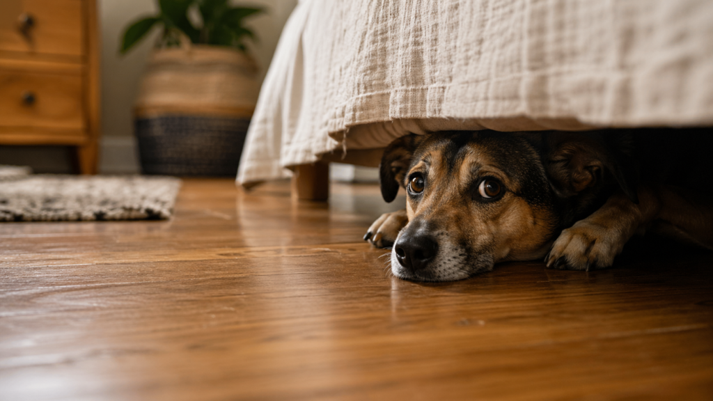 A nervous mixed-breed dog peeking out from under a bed, slightly anxious
